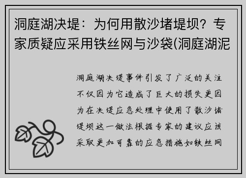 洞庭湖决堤：为何用散沙堵堤坝？专家质疑应采用铁丝网与沙袋(洞庭湖泥沙)