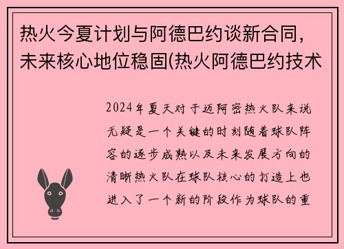 热火今夏计划与阿德巴约谈新合同，未来核心地位稳固(热火阿德巴约技术特点)