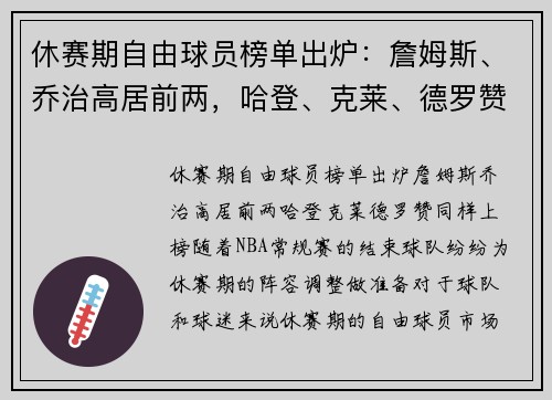 休赛期自由球员榜单出炉：詹姆斯、乔治高居前两，哈登、克莱、德罗赞同样上榜