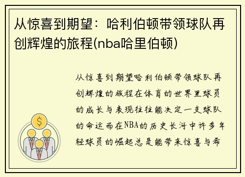 从惊喜到期望：哈利伯顿带领球队再创辉煌的旅程(nba哈里伯顿)