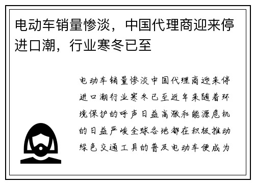 电动车销量惨淡，中国代理商迎来停进口潮，行业寒冬已至