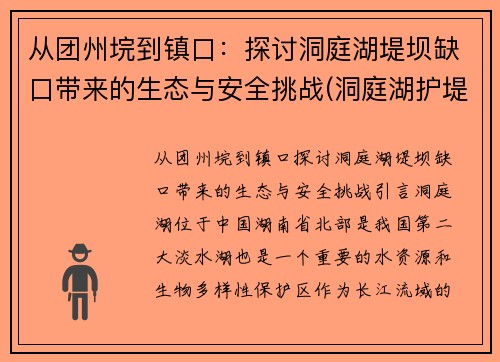 从团州垸到镇口：探讨洞庭湖堤坝缺口带来的生态与安全挑战(洞庭湖护堤工程是真的吗)