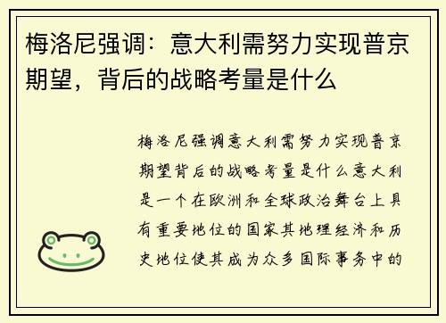 梅洛尼强调：意大利需努力实现普京期望，背后的战略考量是什么