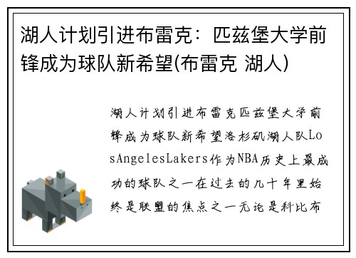 湖人计划引进布雷克：匹兹堡大学前锋成为球队新希望(布雷克 湖人)