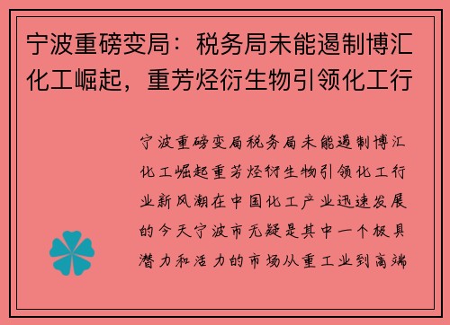 宁波重磅变局：税务局未能遏制博汇化工崛起，重芳烃衍生物引领化工行业新风潮