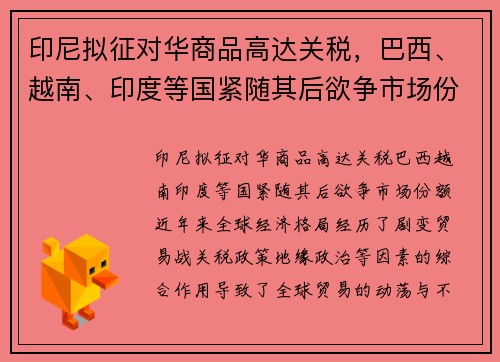 印尼拟征对华商品高达关税，巴西、越南、印度等国紧随其后欲争市场份额