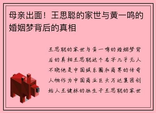 母亲出面！王思聪的家世与黄一鸣的婚姻梦背后的真相